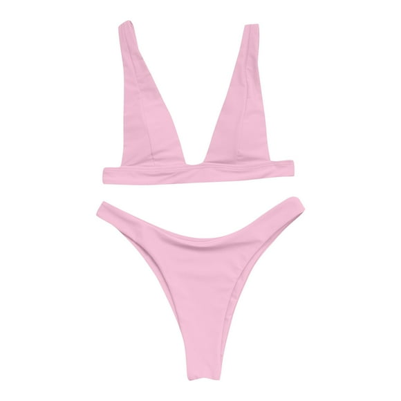 Ketyyh-chn99 Women Swimsuits 2024 Bikini Tops Bikini Set for Women Solid V Neck Knot Front Push Up High Leg Thong Two Piece Swimsuit Pink,M