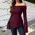 thumbnail image 5 of Lmueinov Womens Long Flare Sleeve Shirts Ribbed Knit Cowl Neck Tops for Women Off Shoulder Tops with Asymmetrical Hem Slim Fit Casual Dressy Blouses, 5 of 5
