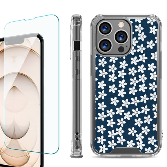 Shockproof Bumper Phone Case for iPhone 13 Pro Max, with Tempered Glass Screen Protector, by OneToughShield ® - Flower/Blue