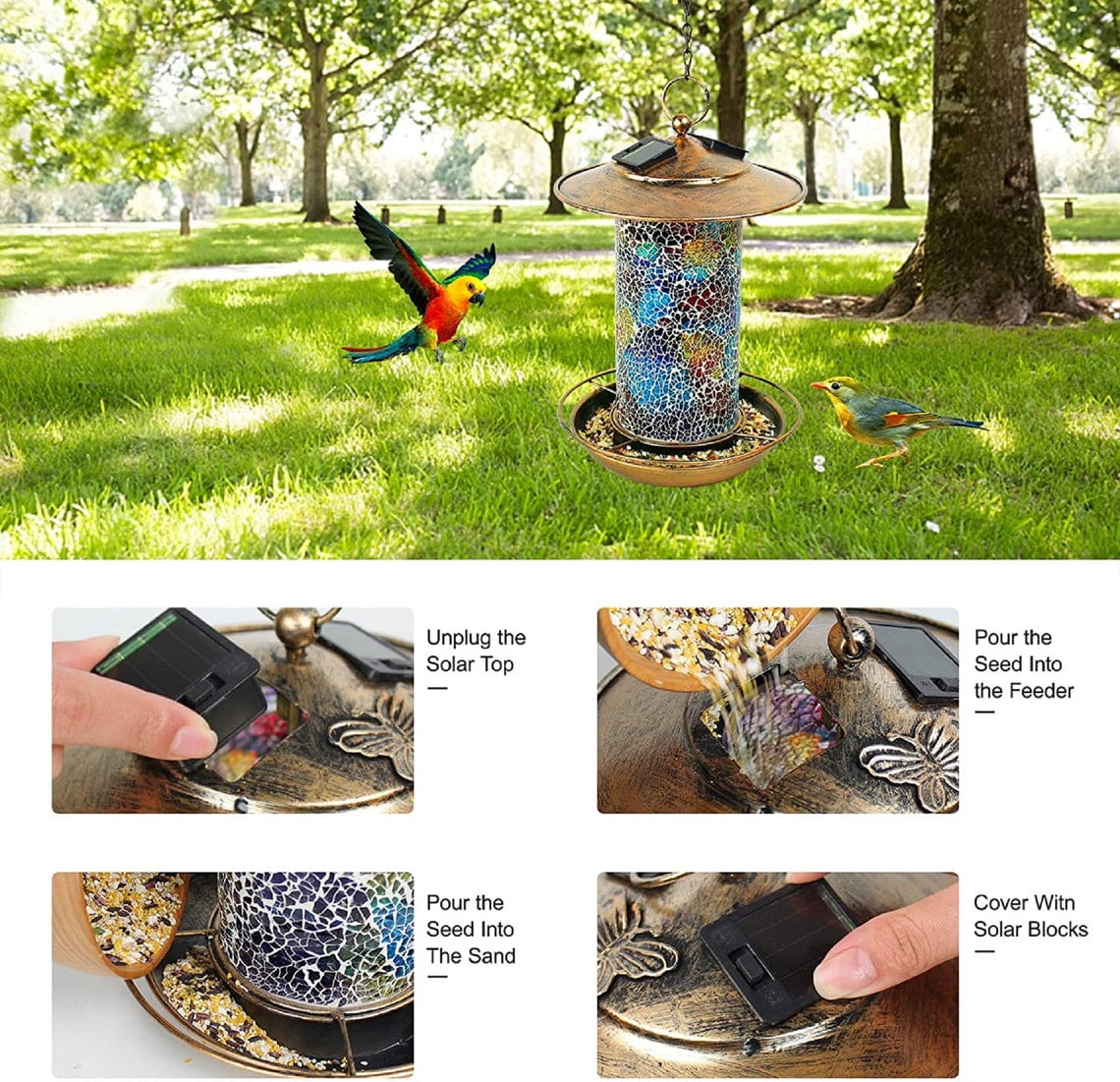 EpicGadget Outdoor Wild Birds Feeder with Fairy Solar Lights Hanging for Outside, Mosaic Lantern Design Solar Birdfeeders Hanging Lantern for Garden Yard Outdoor Decoration, Gift Ideas for Bird Lovers