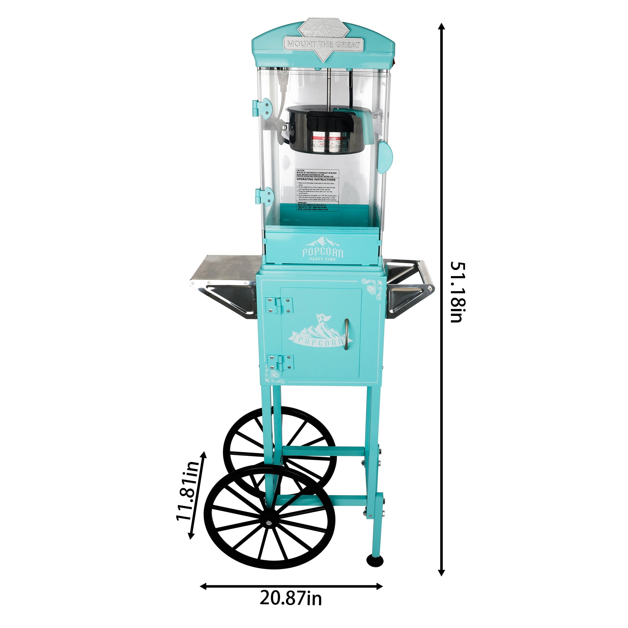 Leumius Popcorn Machine with Cart ,Wheels & 10 Oz Kettle Popcorn Maker Measuring 3 plastic Spoon for Parties, Events, and Home Theater Cyan