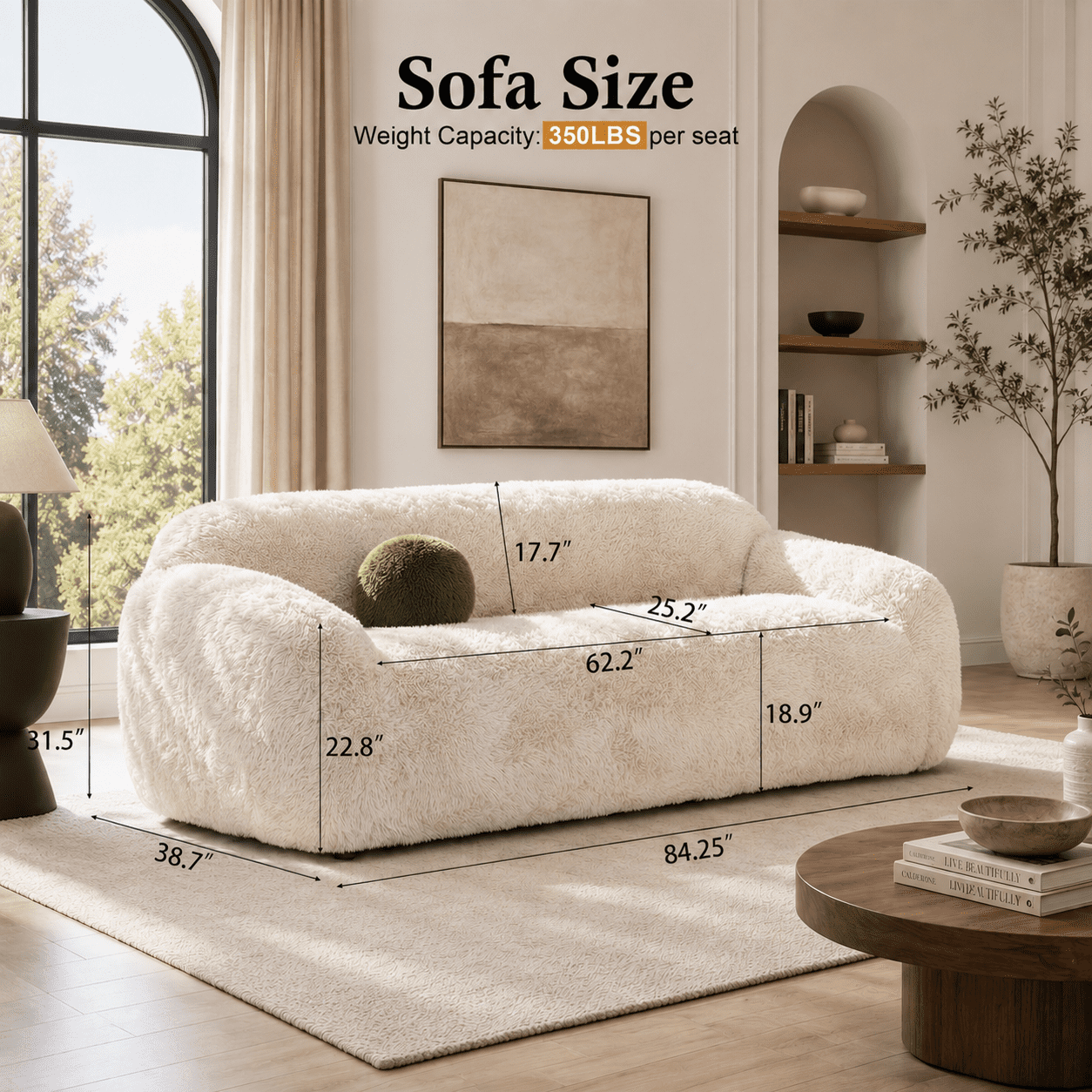 Aenkyo 84 Inch Plush Faux Fur Sofa, 25 Inch Deep Seat 3-Seater Couch with Ball Pillow, Sand