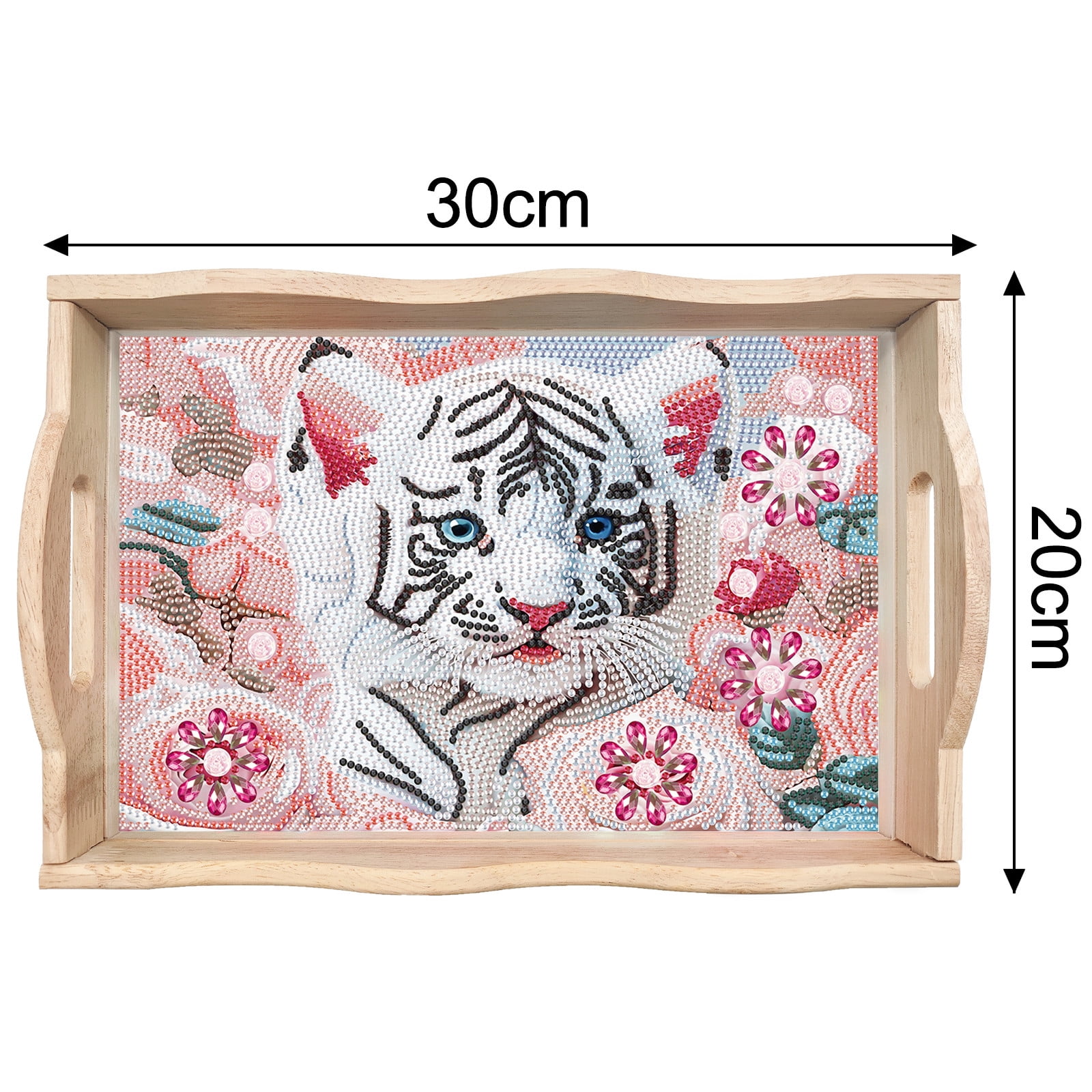 FLOPESN DIY White Tiger Dot Diamond Painting Tray, 11.81*7.87 inch, Creative Design Handmade Wooden Tray Dinner Plate diamond art kit