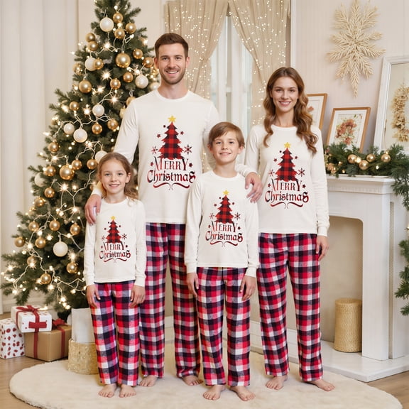 Family Matching Christmas Pajama Set, Merry Christmas Buffalo Plaid Tree Letter Print Long Sleeve Crew Neck Top  Plaid Pants Holiday Home Sleepwear Matching PJs for Men Women