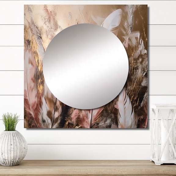 Designart "Glamorous Feathers of Boho Fantasy Gold III" Glam Feather Square Mirror For Wall Decor - Large Gold Square Printed Wall Mirror Art - Square Glam Mirror - Wall Mounted Square Large Mirror