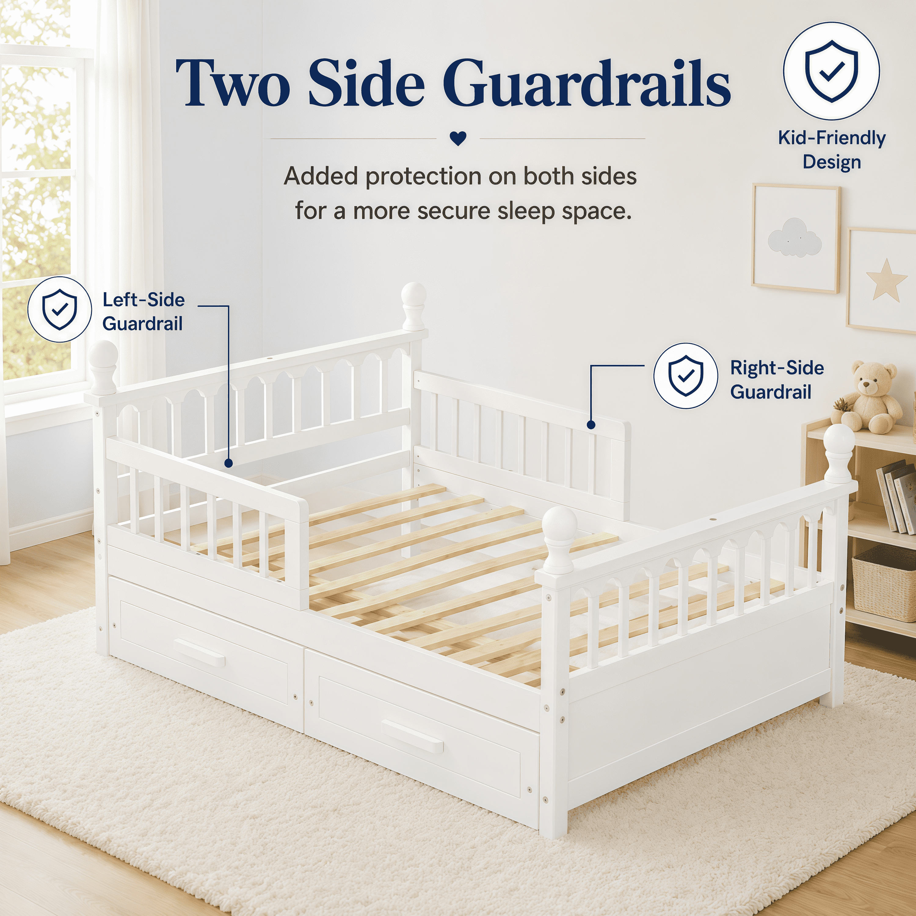 Euroco Wood Twin Size Platform Bed with Drawers, Low Profile Kids Bed with Safety Guardrails, No Box Spring Needed, White