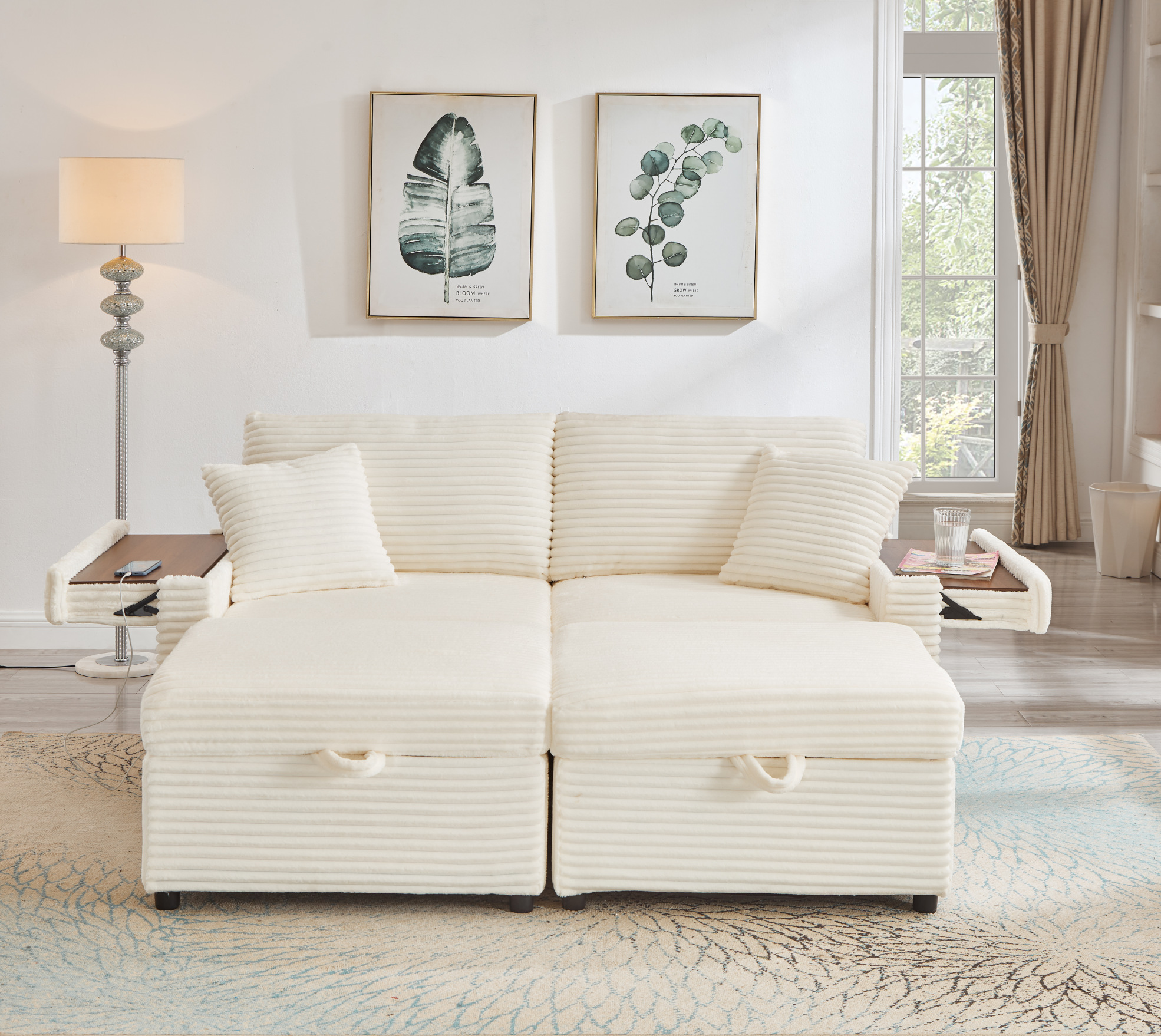 68" Double Chaise Lounges Indoor, Chenille Upholstered Loveseat Sofa Bed with Charging Station, Hidden Table Armrests and Storage Ottomans for Living Room, White