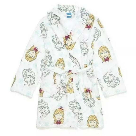 Disney Frozen II Anna and Elsa, Pastel Snowflakes Plush White Minky Bathrobe, Robe, Size 10
