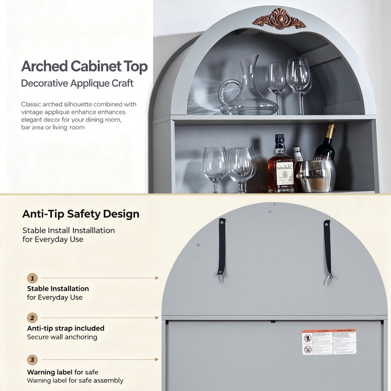 Arched Bar Wine Storage Liquor Cabinet with Removable Wine Grid, Freestanding Bookcase with Adjustable Shelves