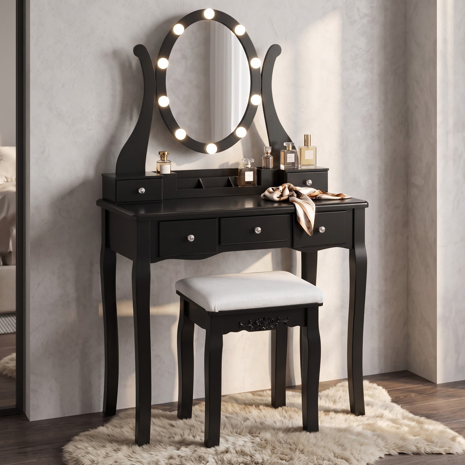 Furnibear Vanity Table Set with 10 Dimmable Light Oval Mirror and Cushioned Stool and 5 Drawers for Bedroom Makeup and Dressing, Black