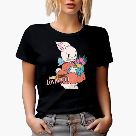 Some Bunny Loves You, Cute Retro Rabbit Art or Easter Sunday Merch Gift, Black T-Shirt, Small