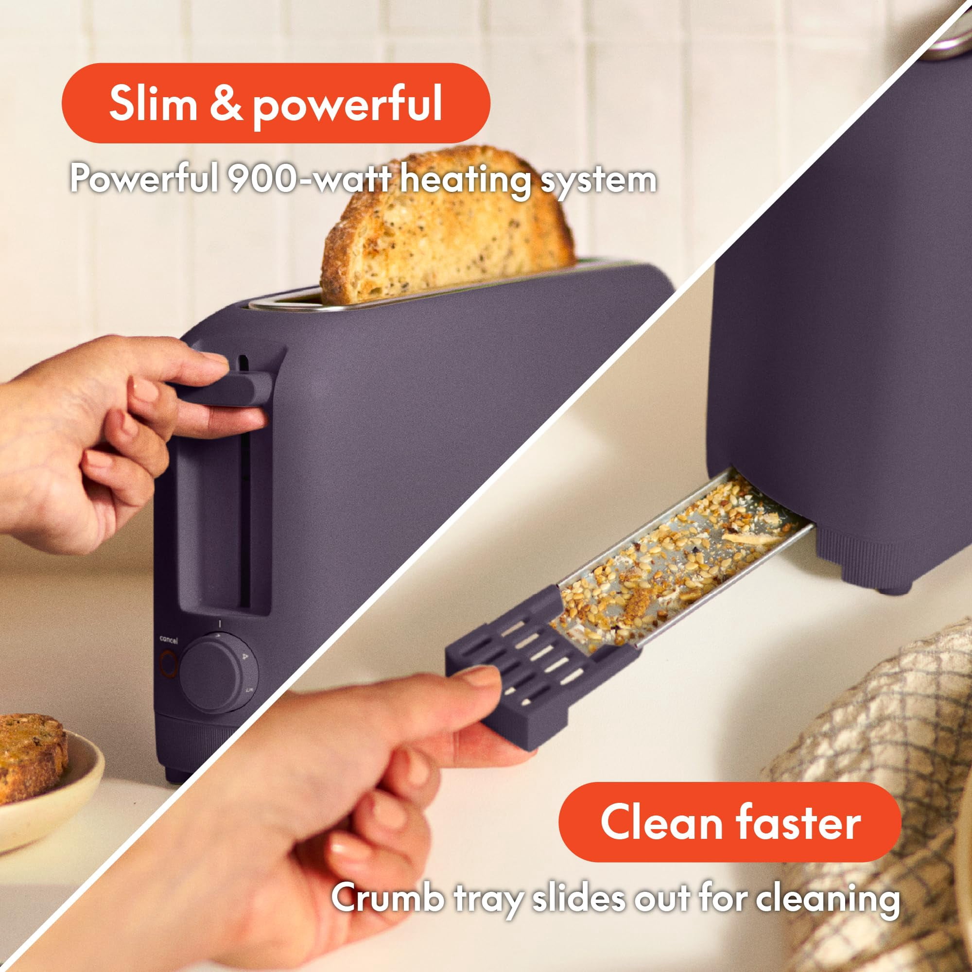 2 Slice Slim Toaster, Fits-anywhere™ Kitchenware, 6 Setting Shade Control with Reheat & Cancel Buttons, Fits sourdough, 10” Long Slot, Anti Jam & Auto Shutoff, 900 Watt, Oatmilk