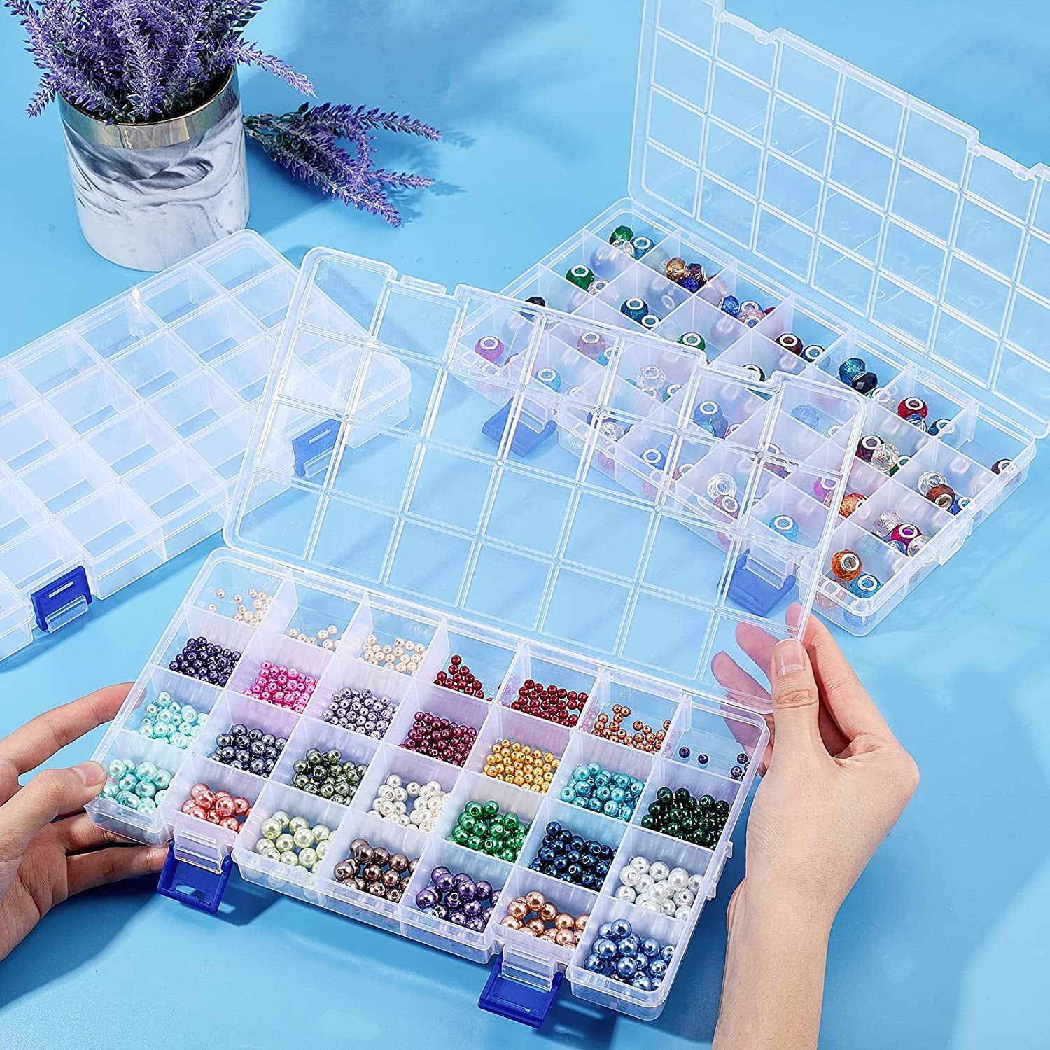 1bag PH 3 Pack Plastic Organizer Box 28 Grids Bead Organizer with Dividers Adjustable Clear Plastic Bead Case Storage Container for Jewelry Beads Earring Fishing Hook Small Accessories Clear