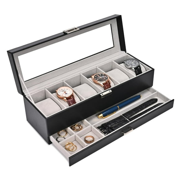 YMWVH Watch Box for Men, 6 Slot Watch Display Case with Drawer, Mens Watch Case With Glass Lid, 2-Layer Jewelry and Watch Storage Watch Holder Organizer for Men Women -6 Slot, Black
