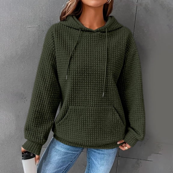 Womens Hoodies Casual Long Sleeve Drawstring Waffle Pullover Tops Loose Hooded Sweatshirt with Pocket Army Green 4XL
