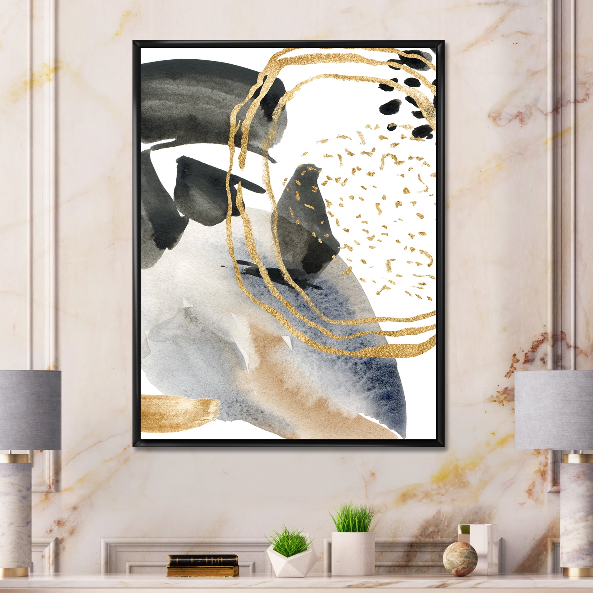 Pastel Abstract With Black Blue Beige and Gold Spots 30 in x 40 in Framed Painting Canvas Art Print, by Designart