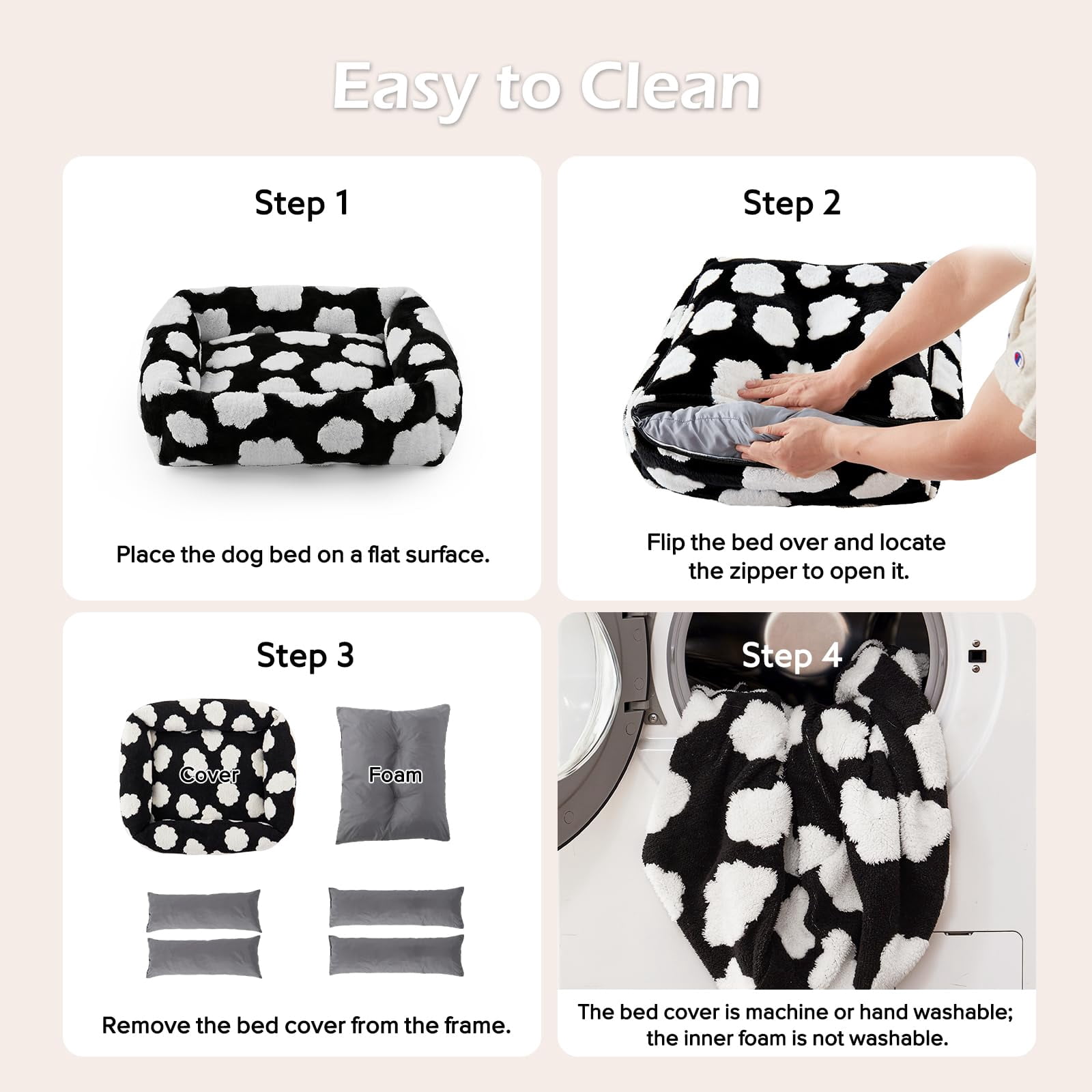 Small Dog Bed Rectangle Washable Orthopedic with Removable Zipper Cover Cozy Clouds Black-S Plus 25"x21"x7"