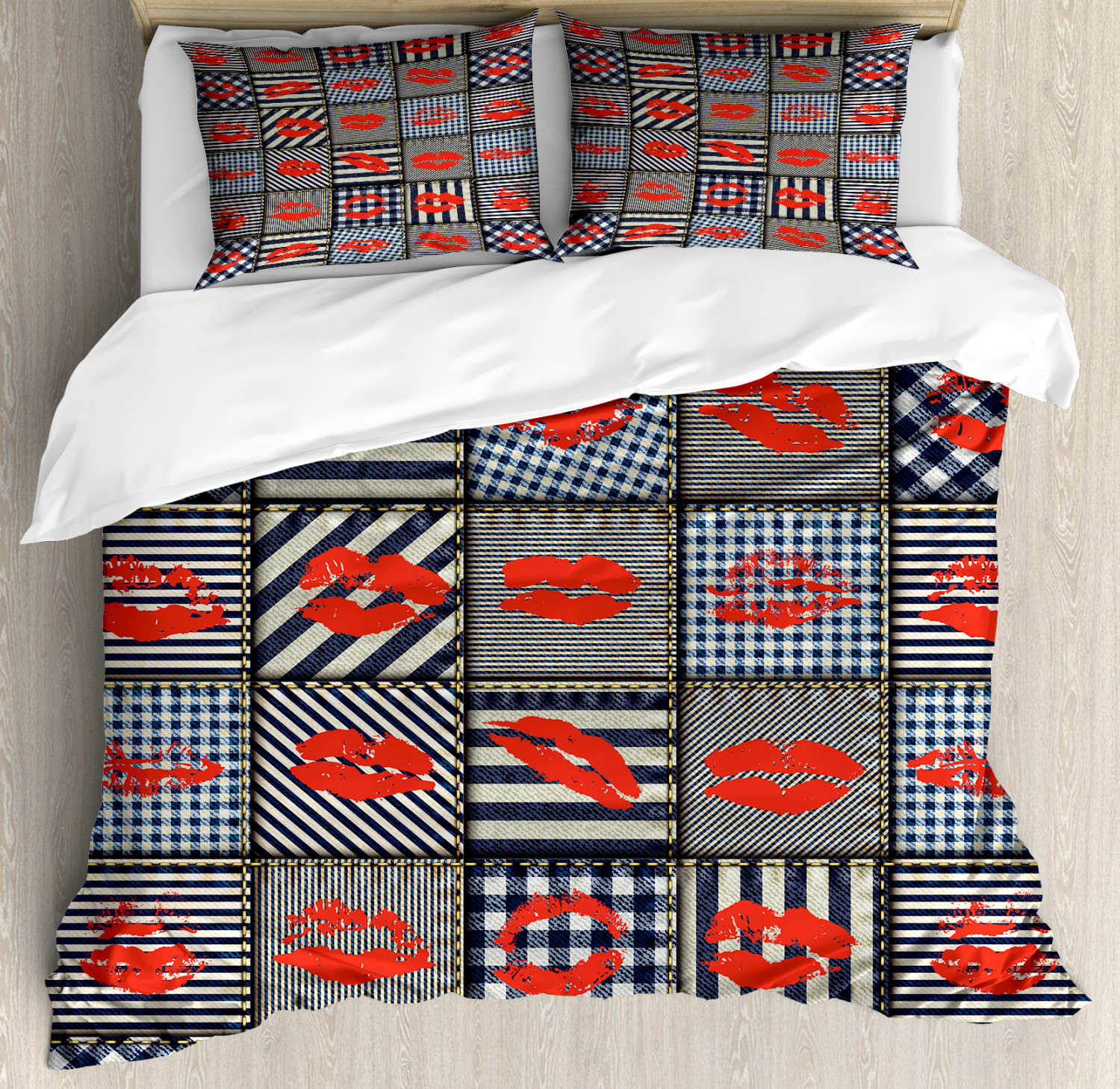 Fabric Queen Size Duvet Cover Set, Trendy Sexy Woman Kiss Lipstick
