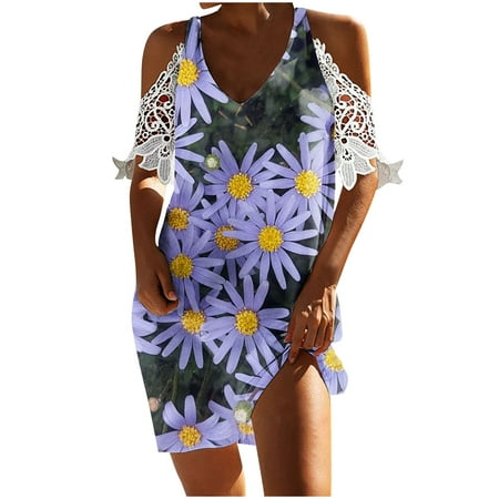 

Juebong Women Summer Casual Sexy Floral Print Off The Shoulder Lace Short Sleeve V-Neck Beach Dress