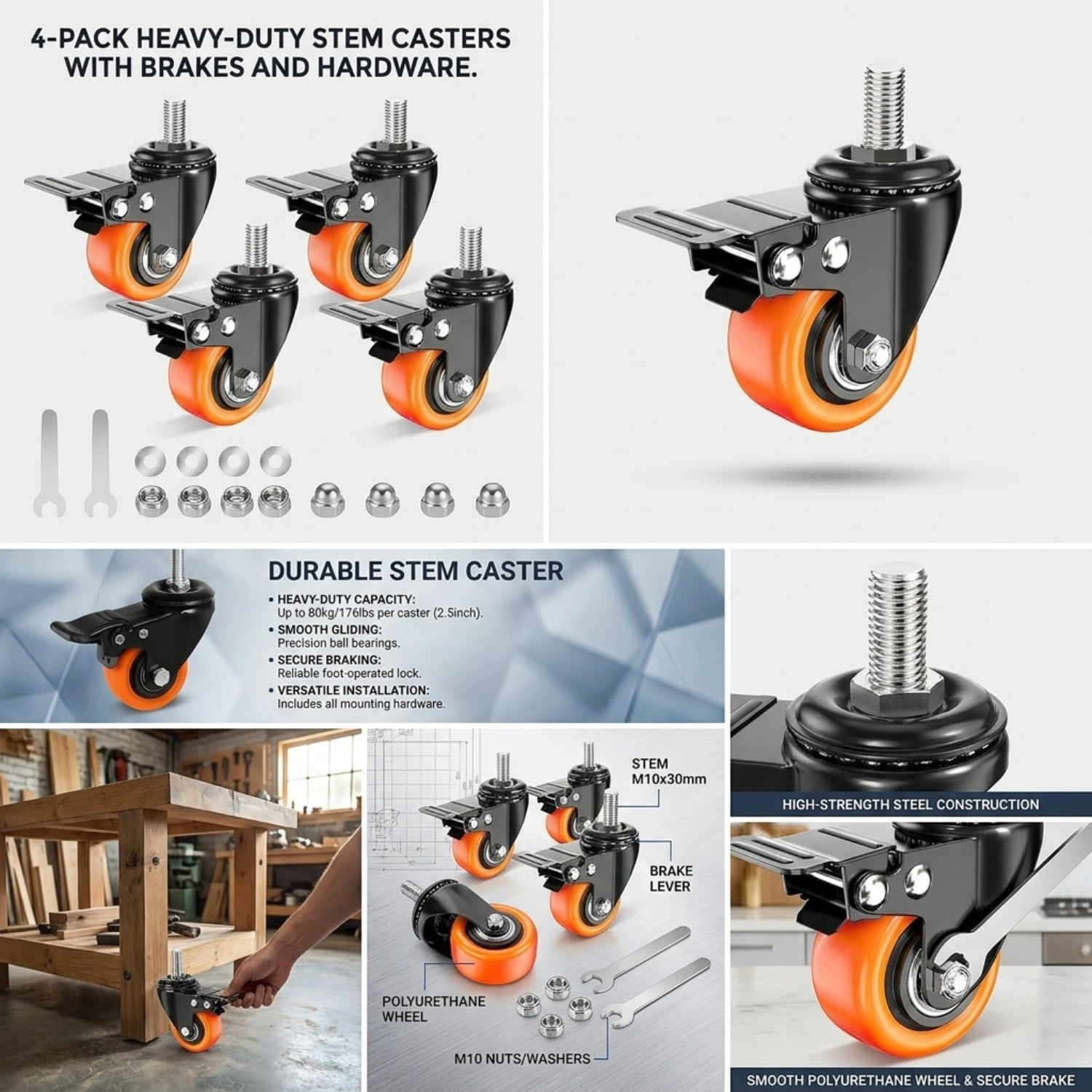 General Set of 4 Heavy-Duty Industrial Stem Caster Wheels with Locking Brake, 1.5/2/2.5" Wide Base for Furniture Carts Workbenches Equipment Replacement, Durable Rolling Casters