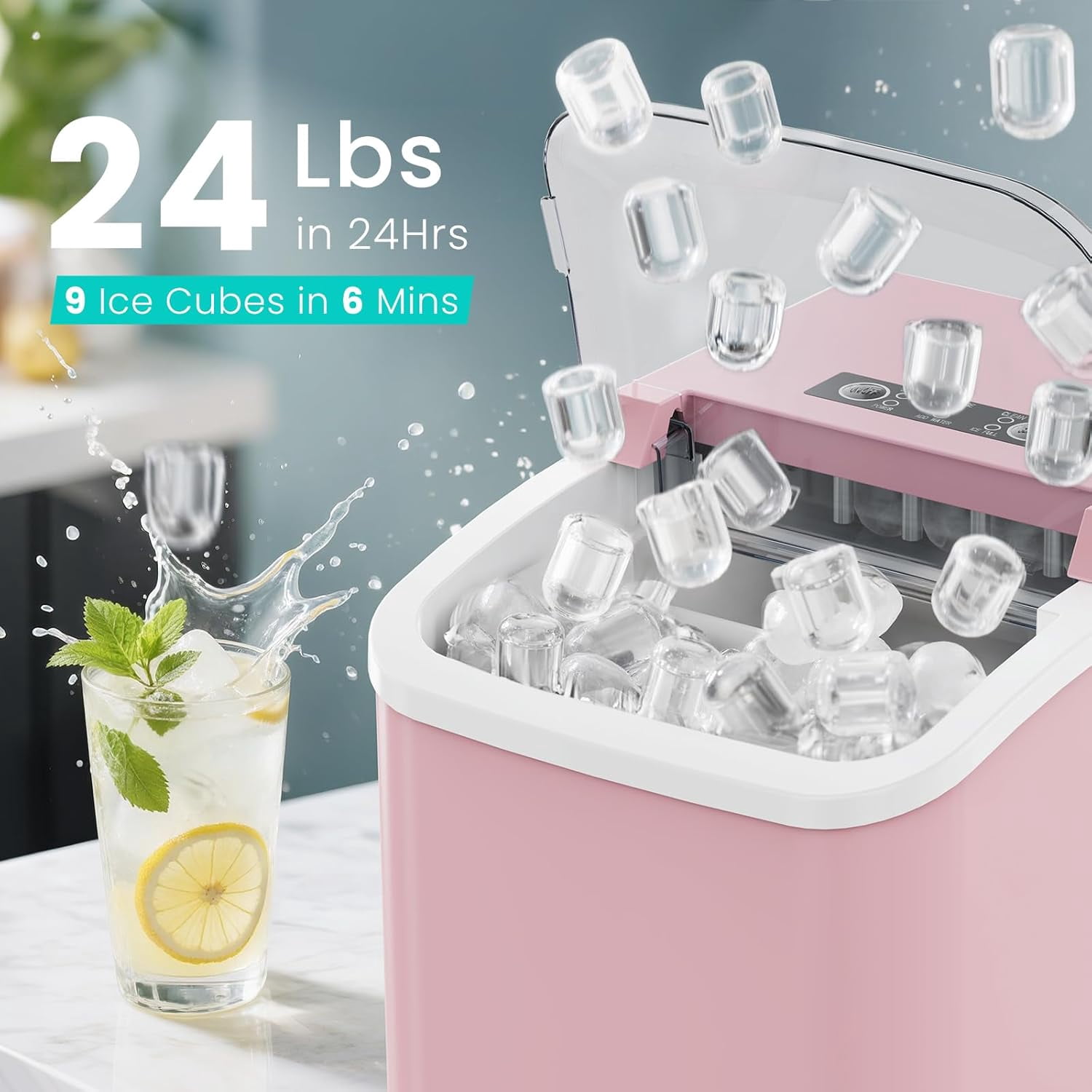 DEA Ice Maker Machine with Handle,26lbs in 24Hrs,9 Ice Cubes in 6 Mins,Auto-Cleaning Portable Ice Maker with Basket and Scoop, Countertop Ice Maker for Home, Kitchen, Camping, RV - Pink