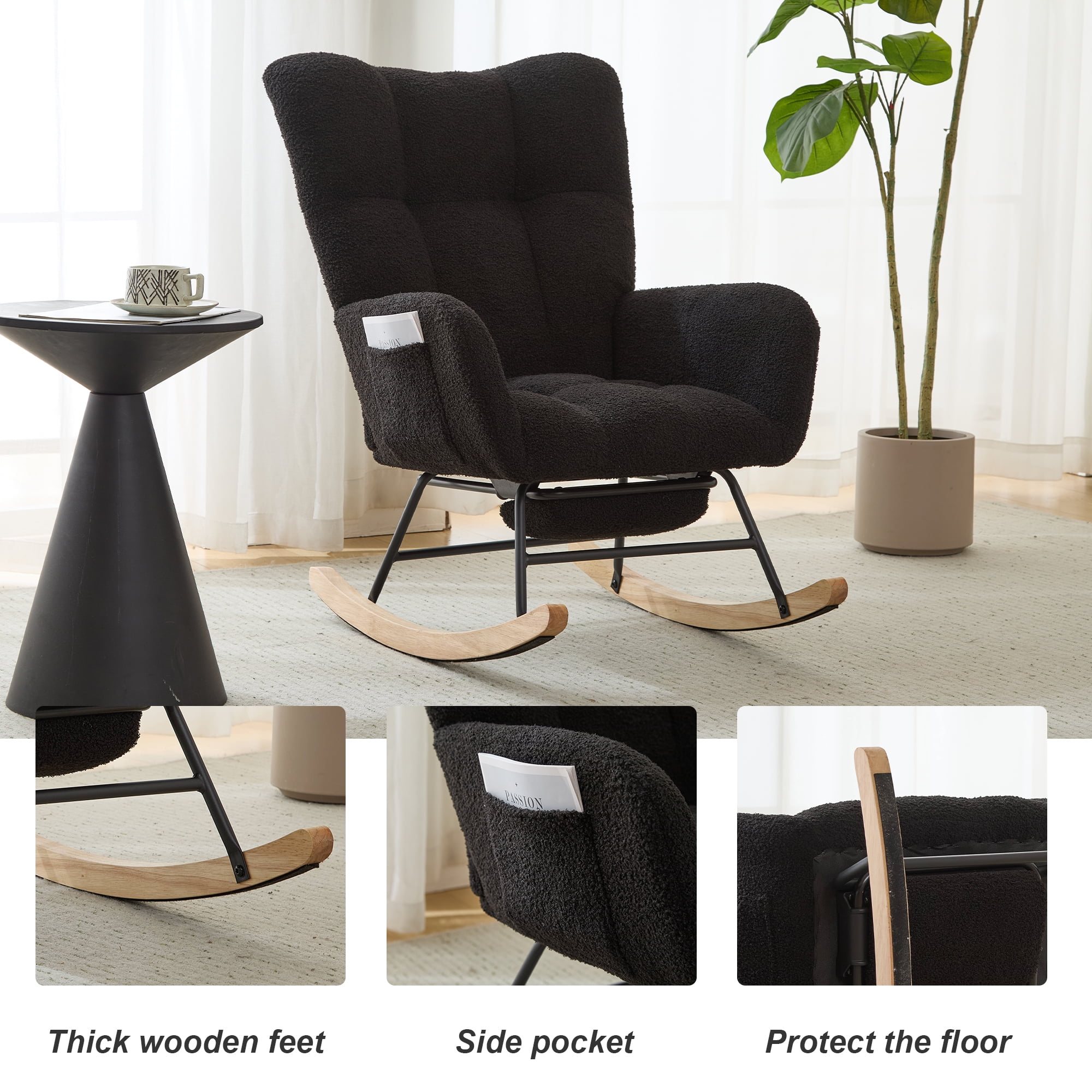 Hforesty Nursery Rocking Chair Teddy Upholstered Glider Rocker，Comfy Armchair with retractable footrest for Living Room & Nursery,BLACK