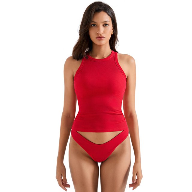 Camiseta sin mangas SUUKSESS 2025 para mujer, acolchada, algodón acanalado, color rojo S