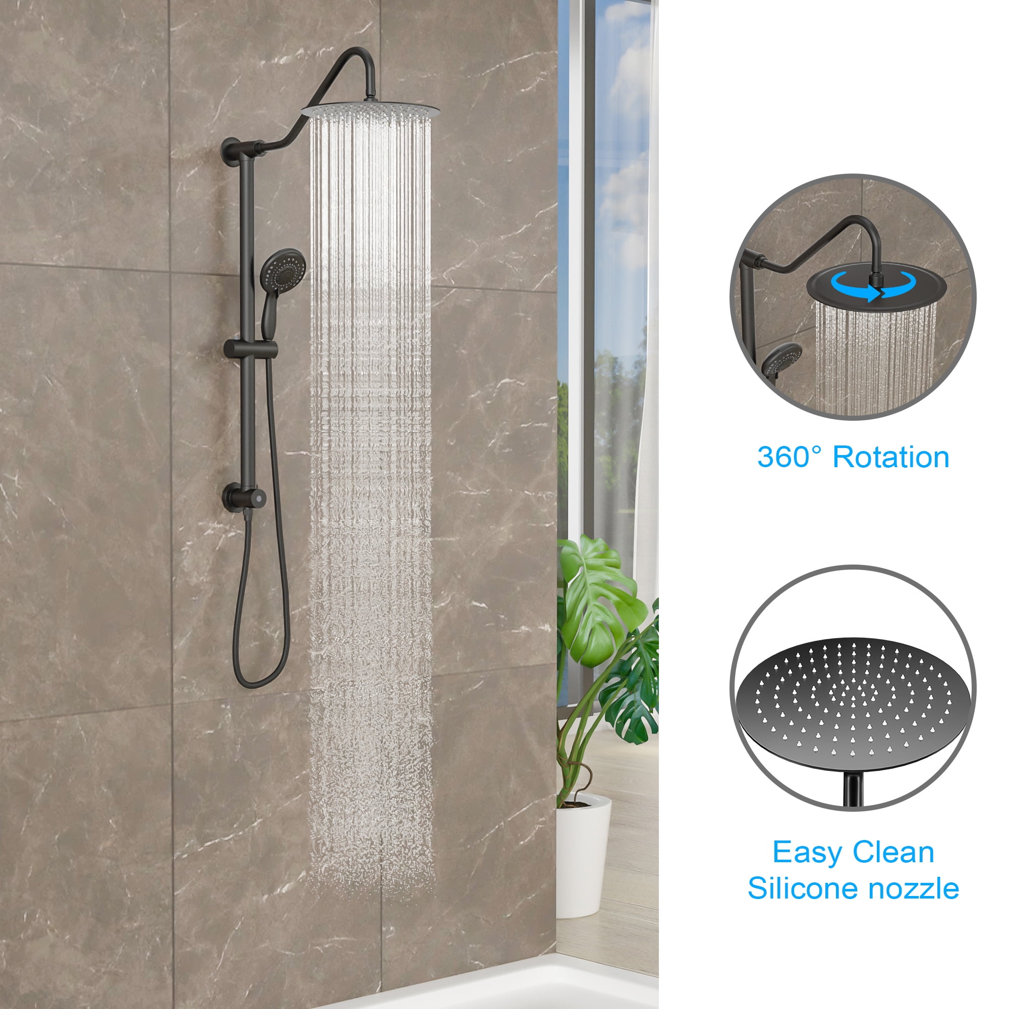Logmey 10"Rain Shower System Black with Handheld Shower Head 5-Setting Stainless Steel