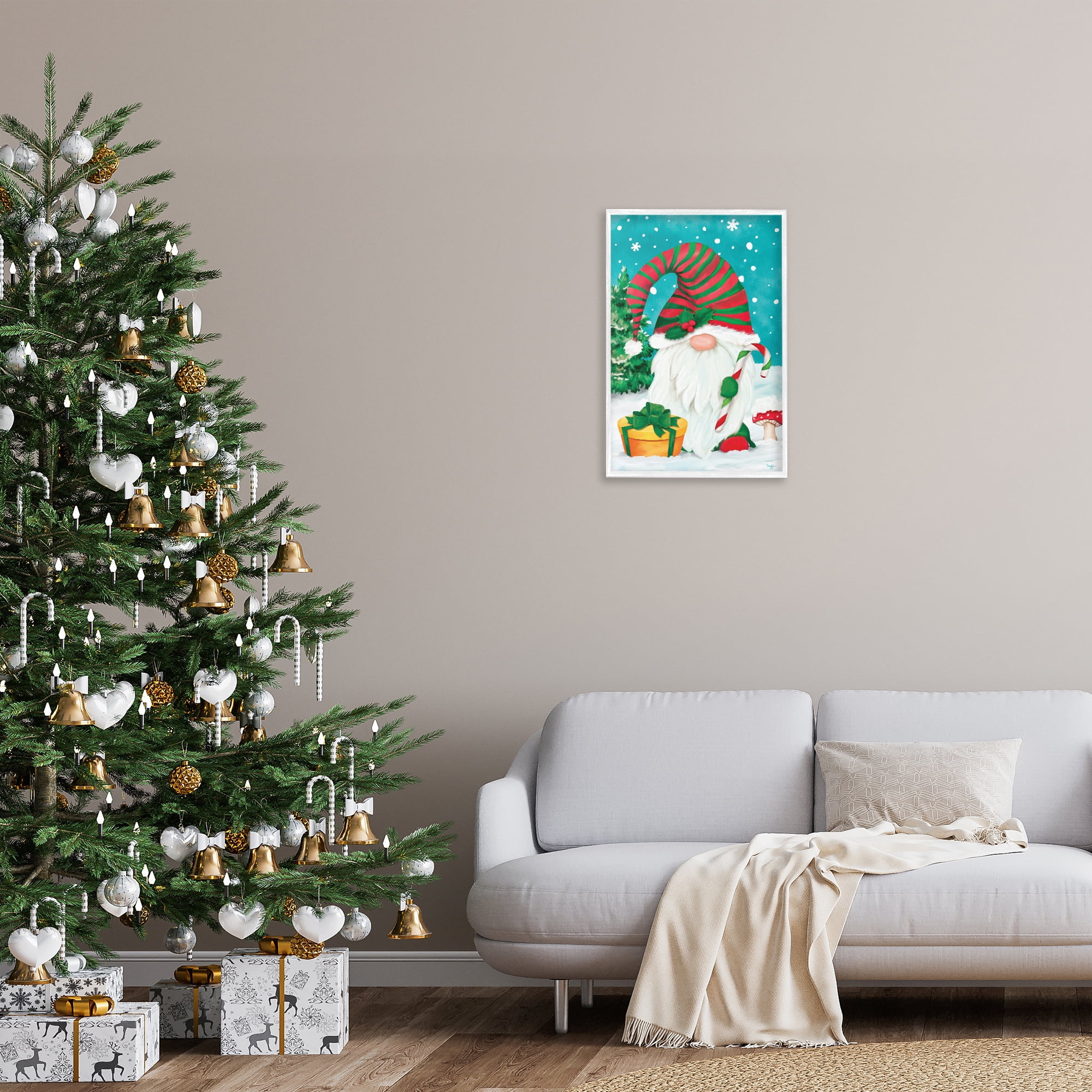Stupell Industries Holiday Elf & Gifts Holiday Painting White Framed Art Print Wall Art, 16 x 24