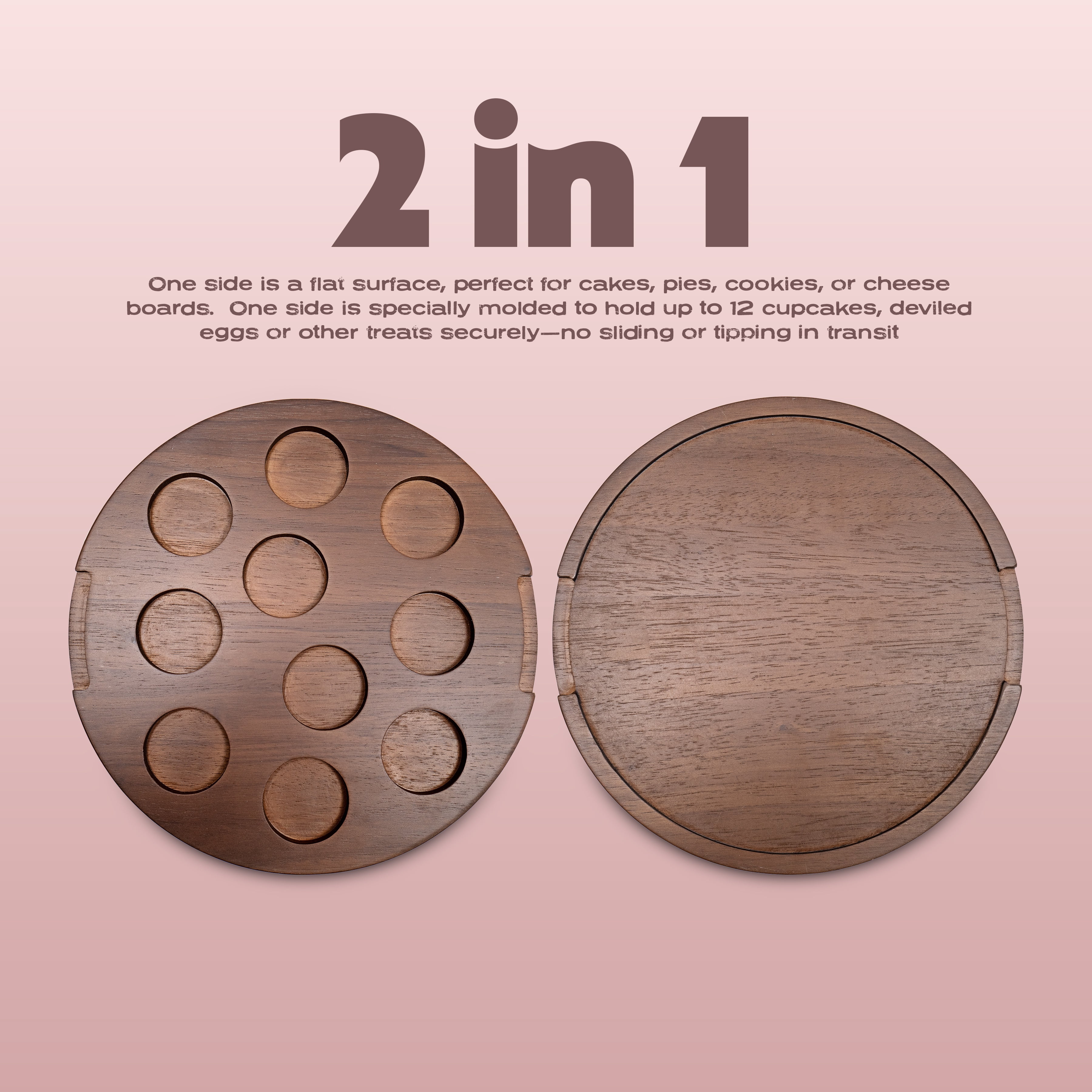 Cook with Color Dark Walnut Wood Cake and Cupcake Carrier, 2-in-1 Reversible Tray with Locking Lid, Dark Walnut