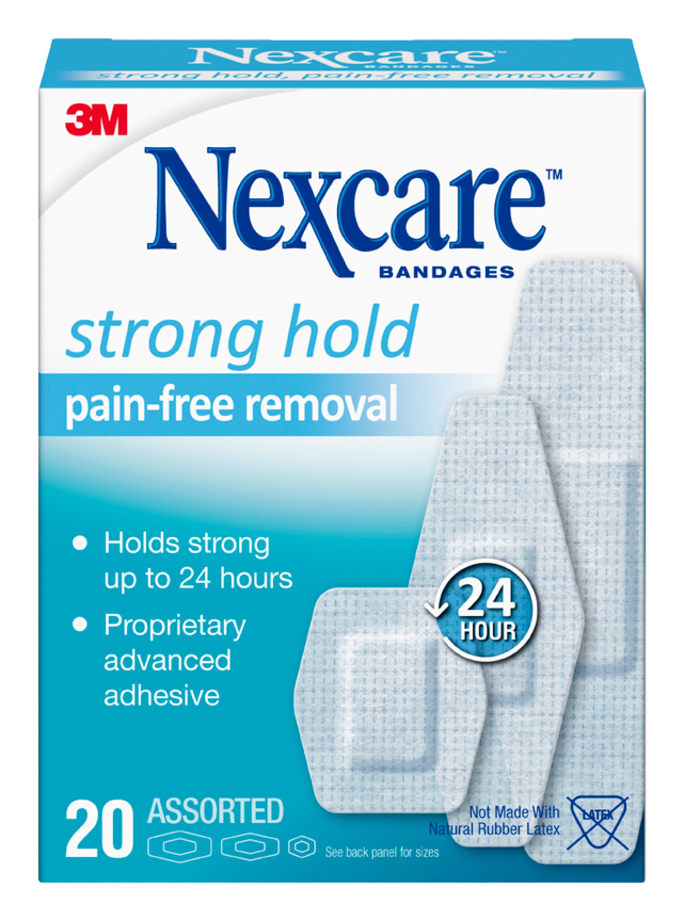 Nexcare Strong Hold Pain-Free Removal Bandages, Assorted Sizes, 20 Count