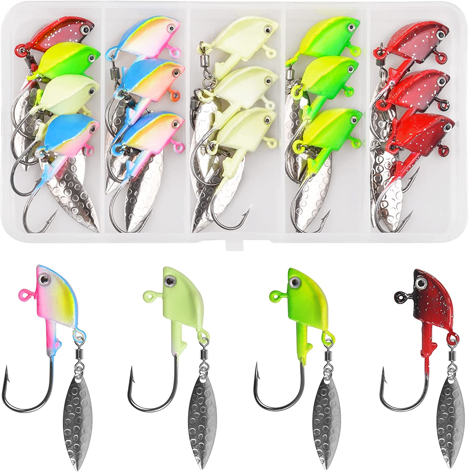 15pcs Underspin Fishing Jig Heads with Willow Blade Bass Swim Jig Kit  1.75g-7g