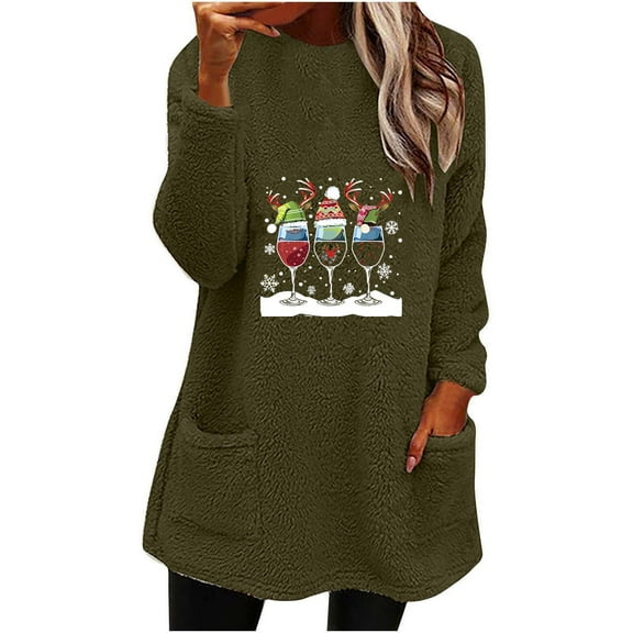 Darzheoy Womens Tops Christmas Plush Thickened Pullover Casual Long Sleeve Comfortable Sweatshirts Solid Color Graphic Fashion Fall Winter Thermal Printed Hoodless Blouses