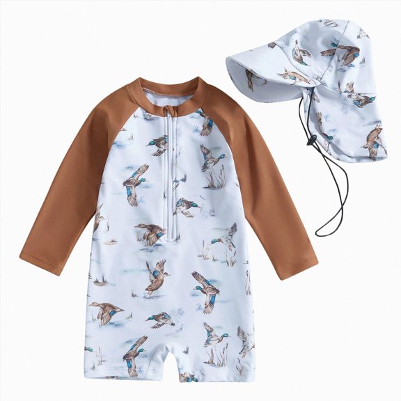 Xudanell Toddler Baby Boy Mallard Swimsuit Kids Rash Guard Long Sleeve One Piece Bathing Suit Duck Hunting Swimwear with Hat Brown for Size 6-12 Months