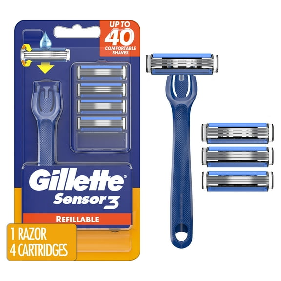 Gillette Sensor3 Refillable Razor for Men, 1 Shaving Razor Handle & 4 Blade Refills, Blue