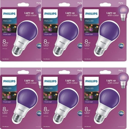 Case of 6 - Philips Party LED 8W A19 Light Bulb (Purple) 60W Replacement