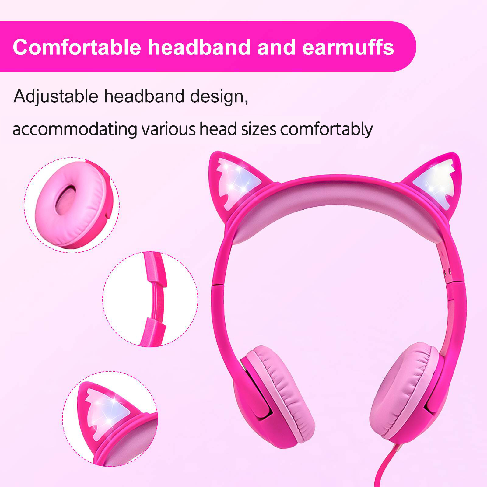Olyre Cat Ear Kids Headphones, Wired, 85dB Volume Limit, Pink photo 2