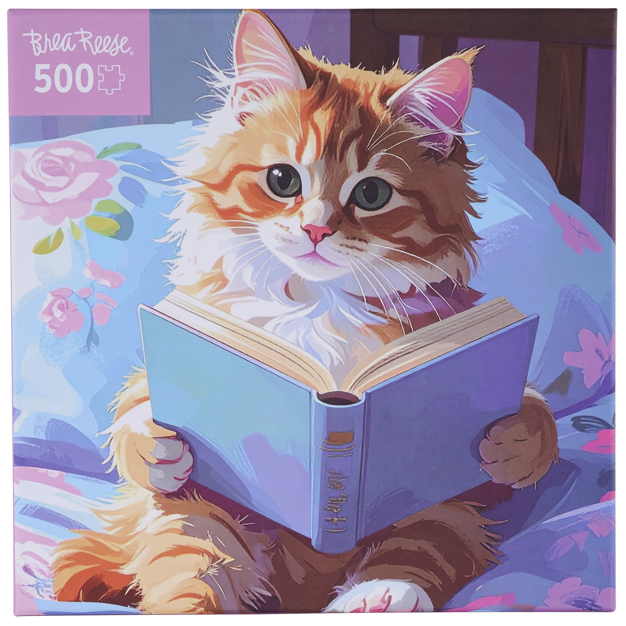 Brea Reese: 500 Piece Puzzle - Bookish Kitty - Cozy Floral Bedding & Animal Reading Scene, Adult Jigsaw, Snap-Fit, Soft-Touch, Image Reference Poster