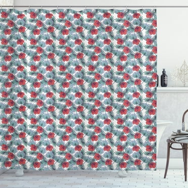Exotic Shower Curtain, Continuing Pattern of Tropic Plant and Hibiscus, Fabric Bathroom Set with Hooks, 69W X 70L Inches, Coral Blue Grey, by Ambesonne