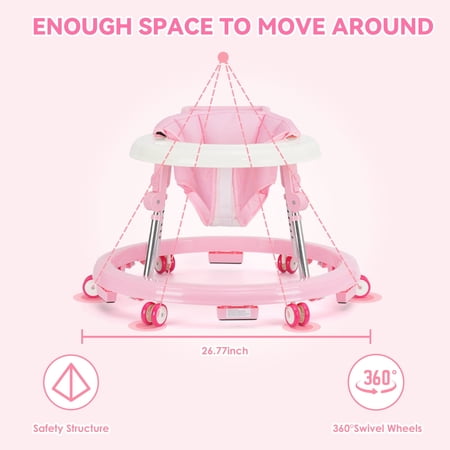 Baby Walker Portable/Foldable/9 Adjustable Heights/With Wheels/Anti-Rolling For Babies 6-12 Months Pink