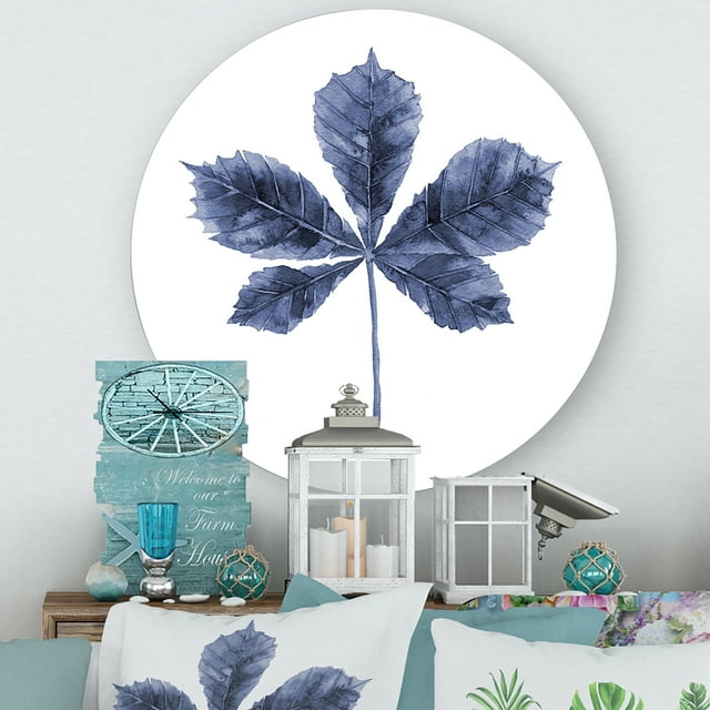 Designart - Navy Blue Chestnut Leaf - Traditional Metal Circle Wall Art