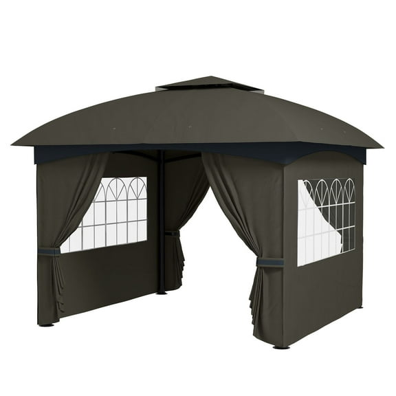 11' Gazebo Outdoor, Double Roof Patio Gazebo with Curtains & Church Windows, Dark Gray Galvanized Steel Frame - Ideal for Seating & Hot Tubs
