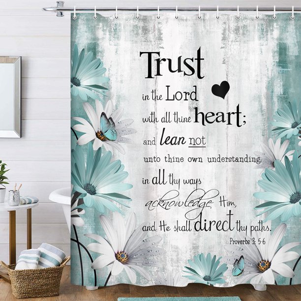 Rustic Farmhouse Teal Shower Curtain Bible Verse Inspirational Shower