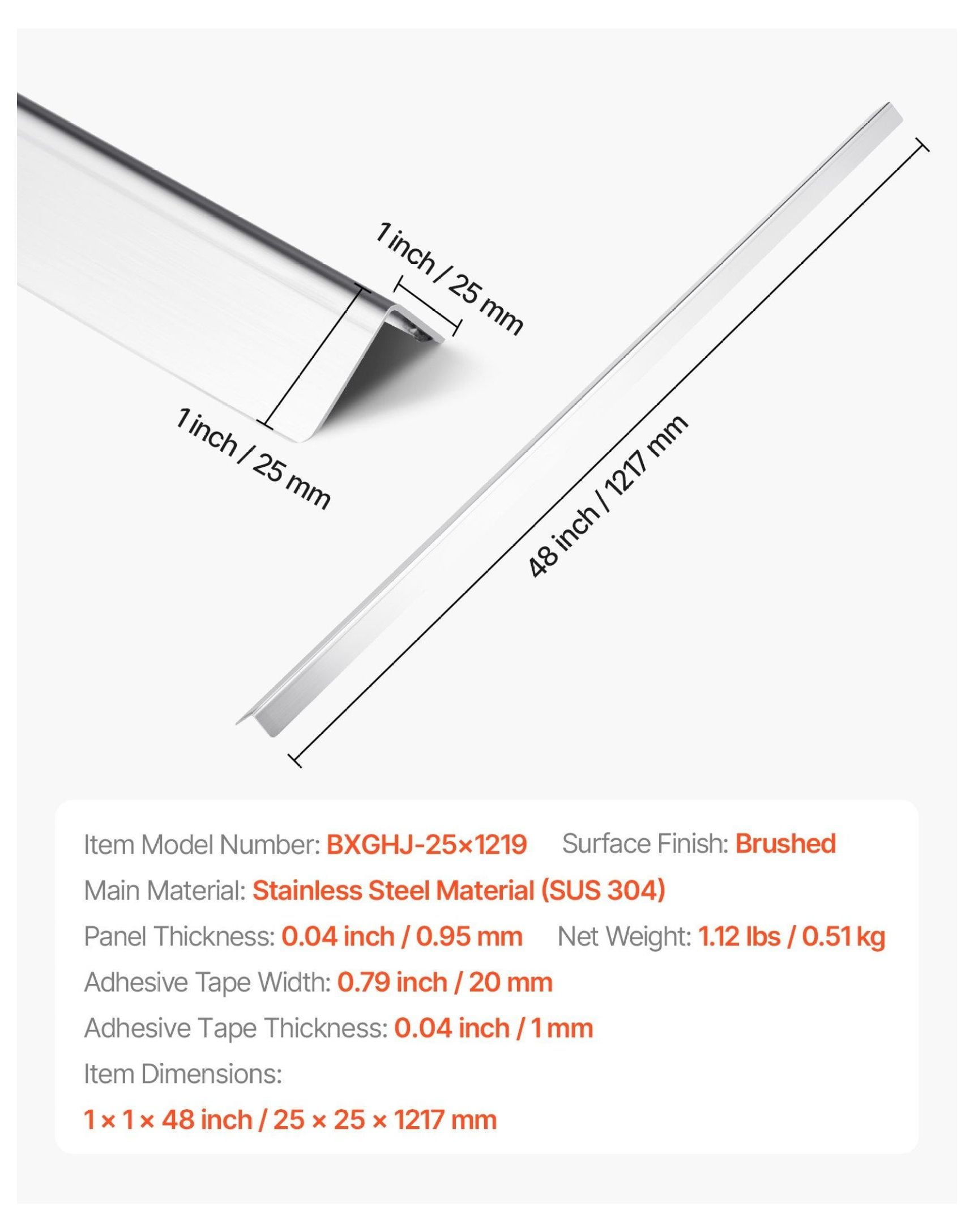 Stainless Steel Corner Protector 1x1x48 inch, 10 Pack - Metal Corner Guards, 304 Stainless Steel Edge Trim for Wall Protection - Home, Office, Commercial Use