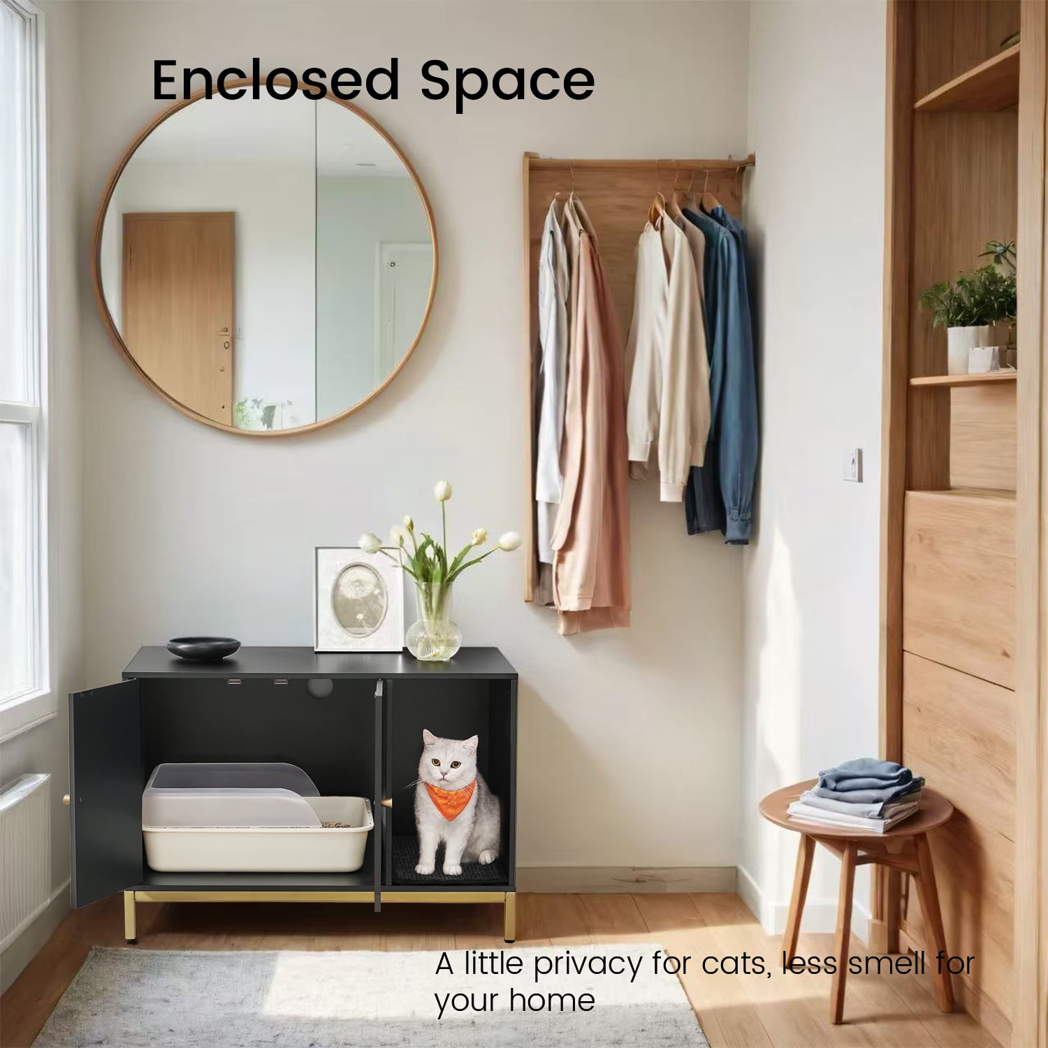 LEDREM Modern Cat Litter Box Furniture - Hidden Enclosure with Scratching Mat, Dual Doors, Side Table Function, Black and Gold