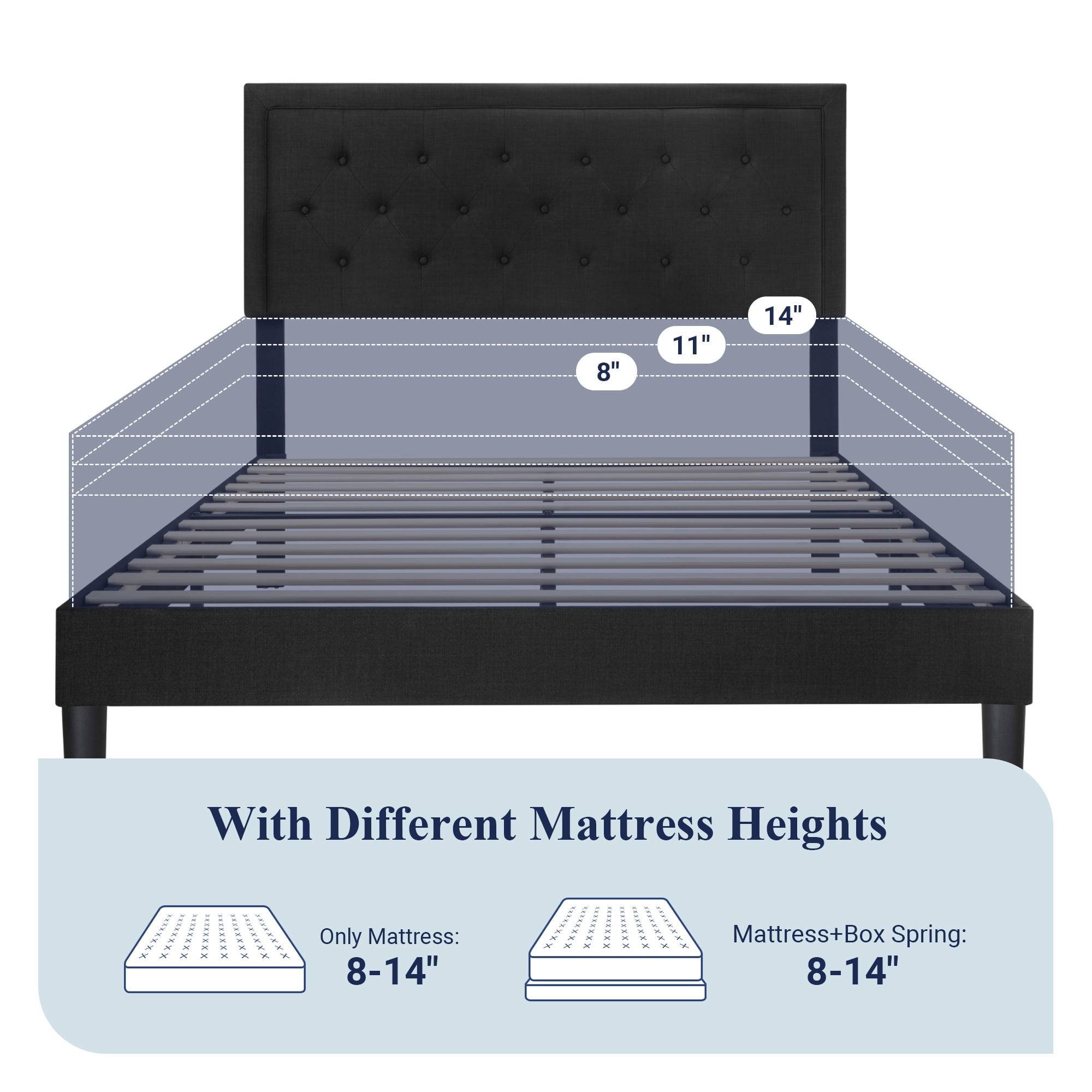 Allewie Full Size Upholstered Platform Bed Frame with Adjustable Headboard, Button Tufted, Wood Slat Support, Easy Assembly, Black