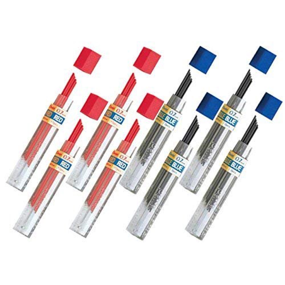 Pentel Lead Refills 0.7mm RED (4 Tubes PPR7) + Blue (4 Tubes PPB7
