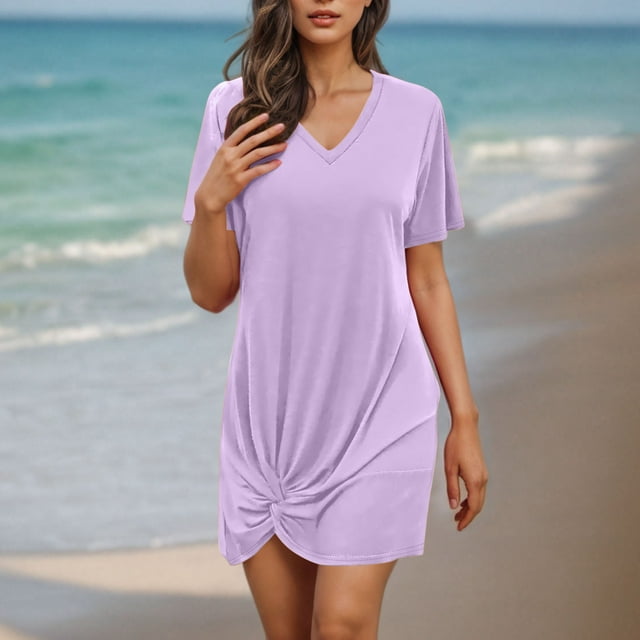 Traje de baño de bikini informal de color liso con escote en V y manga corta con trenzado lateral para mujer, camisa de playa de poliéster para mujer