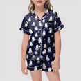 thumbnail image 2 of TOWED22 Girls Halloween Satin Pajamas Set Short Sleeve Sleepwear Button Down Loungewear 2 Piece Pjs Shorts Set for 2-13 Years(Dark Gray,10-11 Y), 2 of 4
