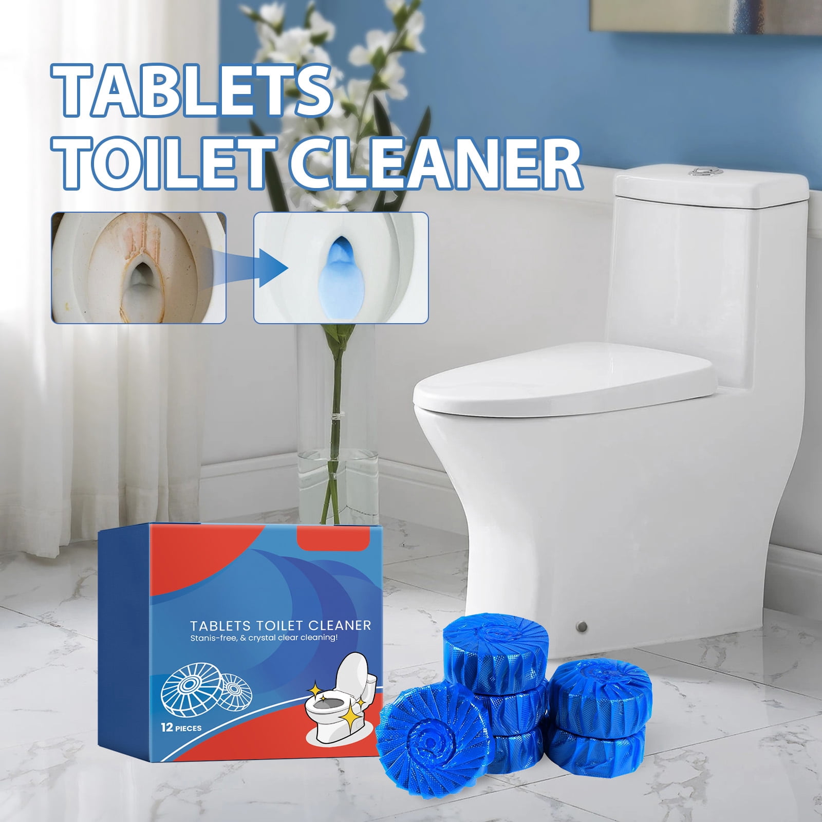 Alvantor Toilet Bowl Cleaner Tablets - Hard Water Stain Remover, Deodorizer, Easy-Use & Fresh - 12 Tablets